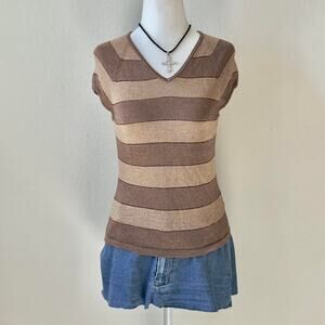 y2k metallic brown and tan knit stripped short sleeve